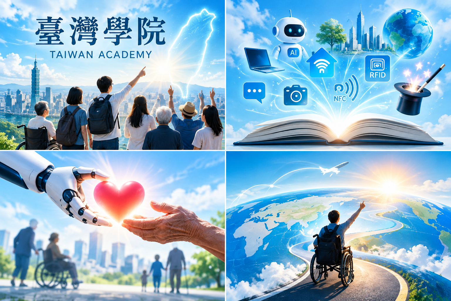 臺灣學院：科技學習、智慧生活、愛心助人與輪椅走遍世界四幅主題圖